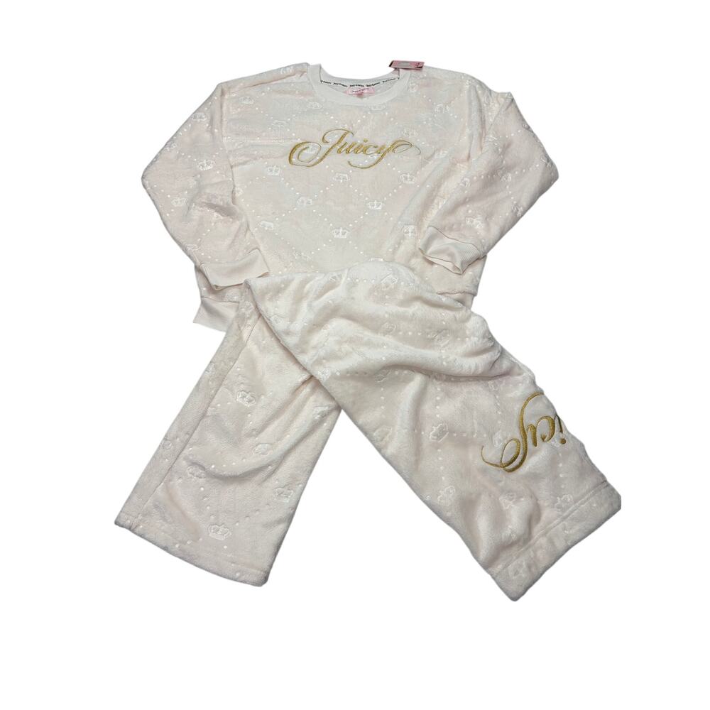 NWT Juicy Couture fuzzy fleece 2 pc set. crown embossed, Juicy chest, butt. Sz L